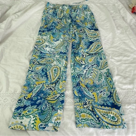 LAUREN RALPH LAUREN Medium Paisley Crepe Wide-Leg Pants Blue Multi yellow flowy - Picture 3 of 8